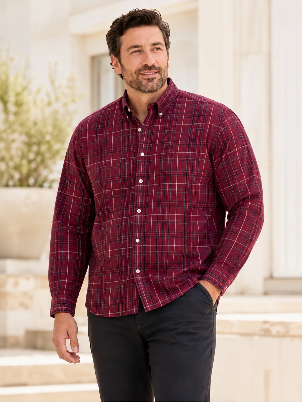 T Harris London Men’s XL Burgundy Plaid Holiday Cotton Button Down